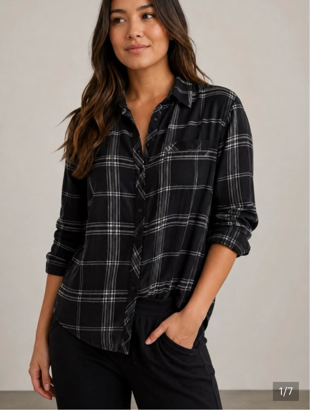 Athleta Black and Olive Plaid Button-Down Shirt